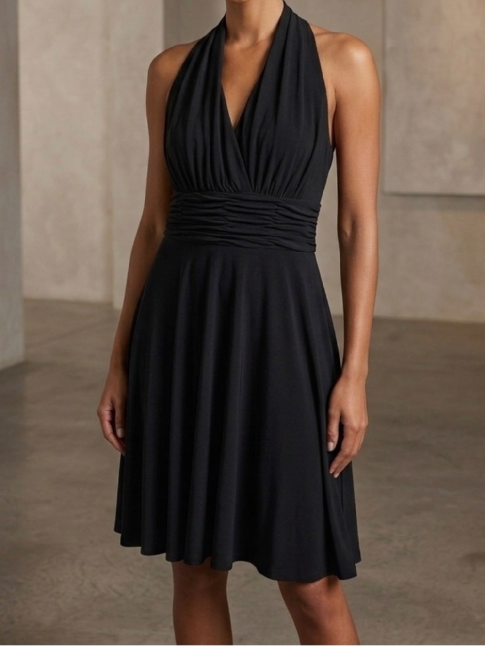 Evan Picone Black Midi Dress Size 16 Sleeveless V Neck Ruched Waist Classic